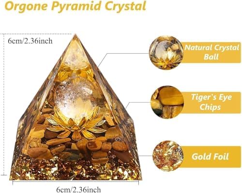 Orgone Pyramid Flower of Life Orgonite Money Healing Crystals Pyramid for Positive Energy with Tiger's Eye Stones and Luck White Crystal That Promotes Wealth, Prosperity and attracts Success