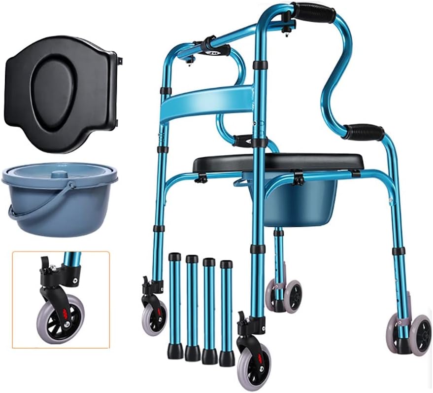 Walker for Seniors，Folding Adult Standard Walkers with 4 Wheels and Seat Lightweight Portable Walking Frame Height Adjustable Mobility Aid for Handicap Disabled Rehabilitation Training Medical Equipm
