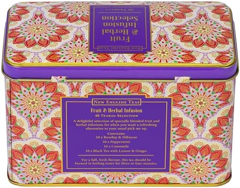 New English Teas Fruit & Herbal Tea Selection Gift Set – 40 Individually Wrapped Caffeine-Free Tea Bags in Decorative Floral Tin – Variety Pack including Peppermint, Berry, & Camomile