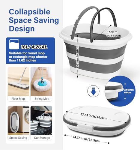 Collapsible Bucket, Upgraded 16L (4.2 Gallon) Collapsible Mop Bucket with Multi-Functional Lid, Foldable Portable Bucket Camping Beach Sand Pool Boat Fishing-Water Pot Pail-Space Saving Square