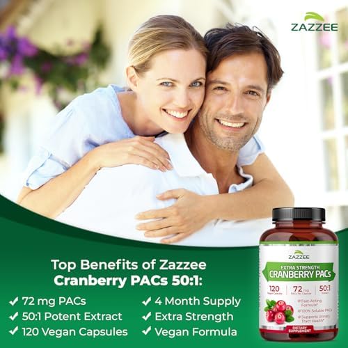 Zazzee Cranberry PACs 72 mg per Capsule, 50:1 Extract, 120 Vegan Capsules, 2X Strength, 4 Month Supply, Fast-Acting, Effective Urinary Tract & Bladder Support, 100% Soluble PACs, Made in the USA