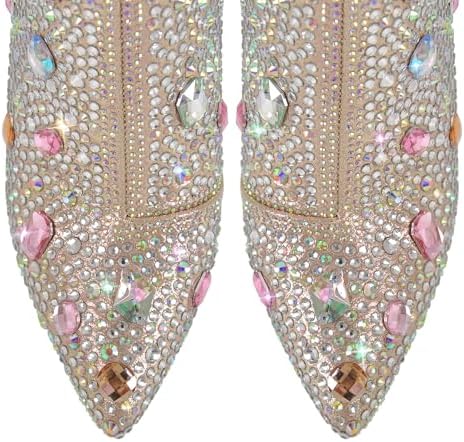 richealnini Rhinestones Ankle Boots with Side Zippers Mid Top Block Heels Sparkly Zip Up Short Booties