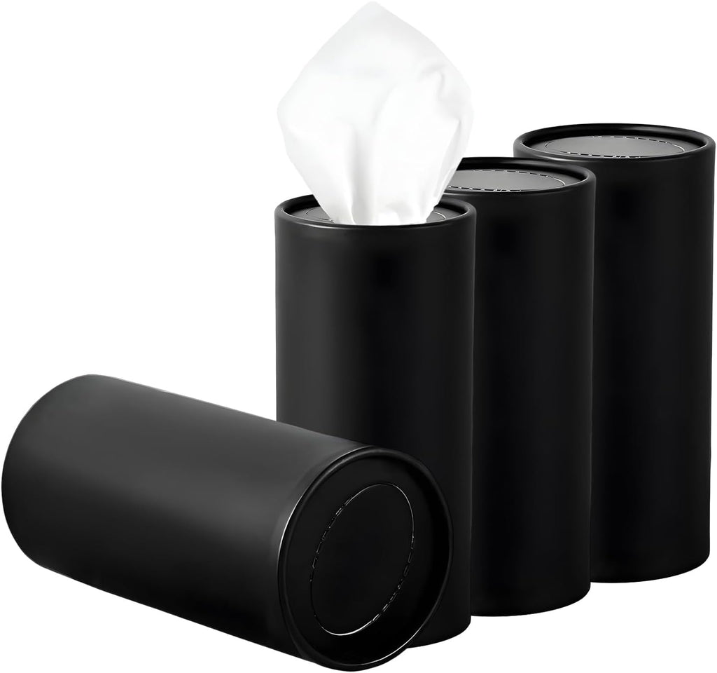 4PCS Car Tissue Holder, Round Tube Car Tissues Box Stylish Cup Holder Decor with Facial Tissues, Portable Cylinder Refillable Paper Napkin Container for Vehicle Home Office (Black)