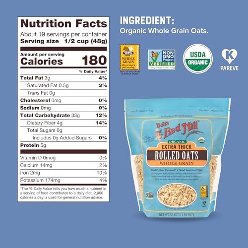 Bob's Red Mill Organic Extra Thick Rolled Oats, 32oz (Pack of 4) - Non GMO, Whole Grain, Vegan, Kosher