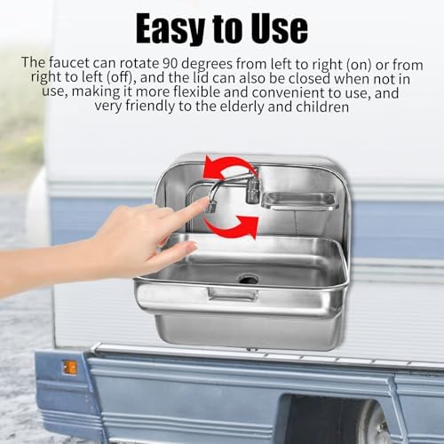 RV Sink, Square Single Bowl Sink Stainless Steel Folding Sink with Curved Faucet Multifunctional Hand Wash Basin for Bars, Food Trucks, Campers, Motorhomes, Boats, Vans