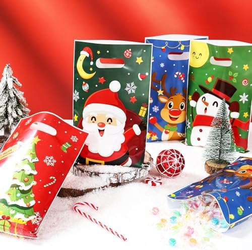 QIFU 50 Pcs Christmas Gift Bags with Handles - 4 Styles Christmas Trees Santa Claus Snowman Elk Plastic Bulk Treat Tote Cookie Goody Candy Snack Bags for Winter Xmas Holiday Party Decorations Favors