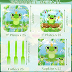 100Pcs Frog Party Decorations - Frog Party Plates and Napkin, FrogTableware, Frog Party Gifts, Frog Birthday Party Supplies - Serves 25 (Frog)