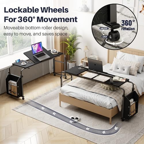 Overbed Table with Wheels, Tilting Overbed Desk Adjustable Height & Length, Queen Over Bed Table with Storage Cabinet, Rolling Laptop Desk for Bedroom, Living Room, Hospital (Black, 47.24in)