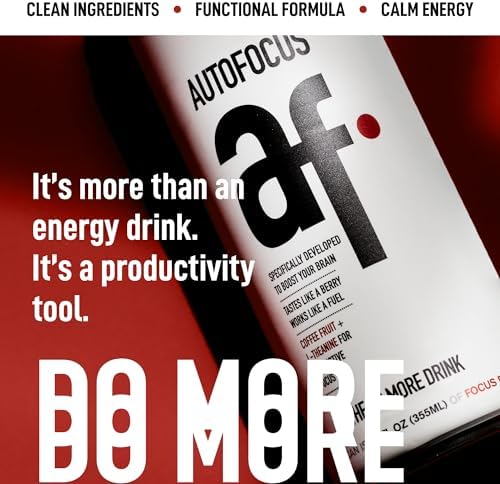 AUTOFOCUS Functional Energy Drink - Natural Focus Drink with Coffee Fruit & L-Theanine - Clean Caffeine Brain Booster - No Added Sugar. Productivity Energy Drink for Work & Study - Black Currant - 12oz Can