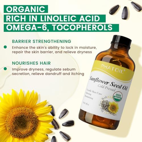 PHATOIL Organic Sunflower Seed Oil for Skin 118 ml (4 fl.oz), USDA Certified Organic, Cold Pressed Sunflower Oil in Glass Bottle for Hair, Body Moisturizer, Carrier Oil for DIY, Massage