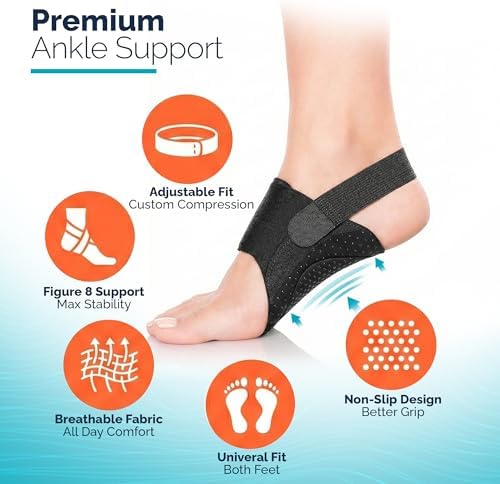 Foot Arch Support Braces for Women Men–Adjustable Compression Arch Support Bands with Gel Pad for Flat Feet, Heel Pain, High & Fallen Arches–Anti-Slip Strips–(Pair-Black)