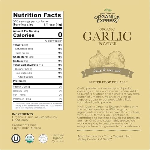 HQOExpress Organic Garlic Powder – Non GMO, Kosher, USDA Certified Organic Garlic – Sweet and Sharp Aromatic Seasoning for Rubs, Marinades, Dressings and Burgers, 18 oz. Chef Jar