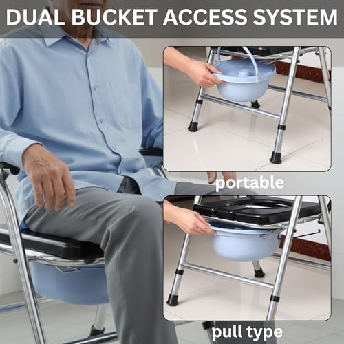 KUYRA 4-in-1 Bedside Commode Chair for Seniors, Folding Adjustable Height Portable Toilet with Arms & Backrest, Removable Bucket, Raised Toilet Seat, Disabled, Pregnant PU Soft Seat (Holds 350 lbs)