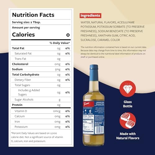 Torani Sugar Free Coffee Syrup, English Toffee Flavored Syrup for Drinks, Zero Calorie, Glass Bottle with Pump Included, 25.4 Fl Oz