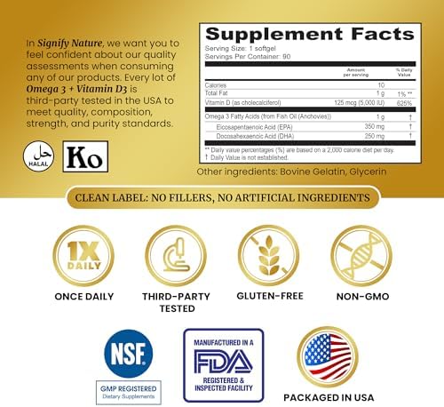 SIGNIFY NATURE Omega 3 Fish Oil Supplement with Vitamin D3 5000 IU - 1000mg Triglyceride Capsules for Brain Health - Omega3 EPA DHA + VIT D 3-90CT