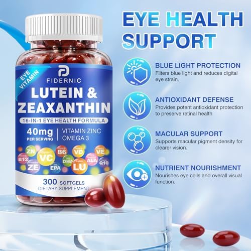 Lutein and Zeaxanthin Supplement - AREDS 2 Plus+ Eye Vitamins, 40 mg Lutein & 8 mg Zeaxanthin with Vitamins C, E, Zinc, Omega-3 & CoQ10 for Blue Light Protection, Eye Health Support - 300 Softgels