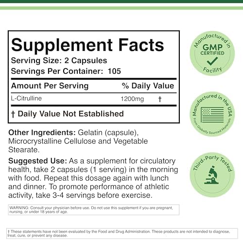 L Citrulline Capsules - 99% Tested Purity - 1,200mg Per Serving (Nitric Oxide Booster) for Muscle Recovery and Muscle Pump, 210 Count by Double Wood