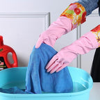 Bamllum 2 Pairs Rubber Cleaning Gloves, Household Kitchen Dishwashing Gloves with Cotton Flocked Liner, Long Cuff 16 Inches (Yellow+Pink, Medium)