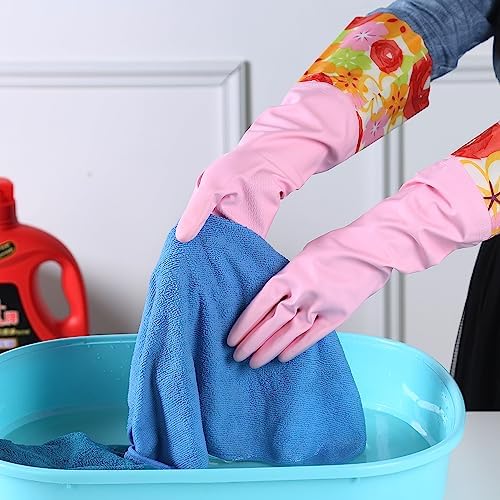 Bamllum 2 Pairs Rubber Cleaning Gloves, Household Kitchen Dishwashing Gloves with Cotton Flocked Liner, Long Cuff 16 Inches (Yellow+Pink, Medium)