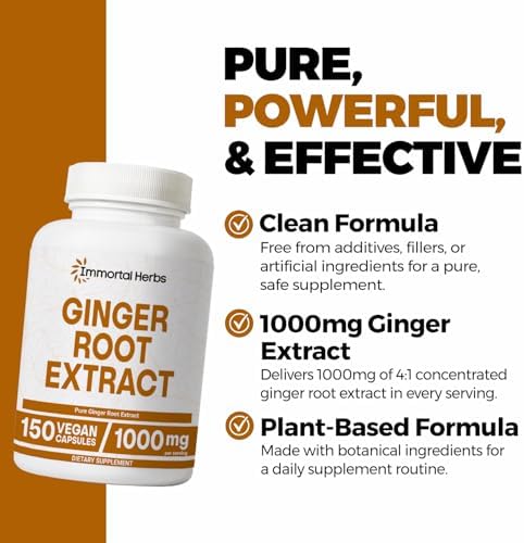 Ginger Root Capsules 1000mg, 4:1 Extract Powder, 150 Pills, Vegan, Non-GMO and Gluten-Free Ginger Supplement for Men and Women, 2 Month Supply