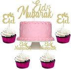 Eid Mubarak Cake Topper and Eid Mubarak Cupcake Toppers Gold Glitter Ramadan Kareem Cupcake Picks for Muslim Theme Party Cake Decorations - 25pcs