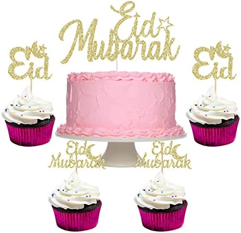 Eid Mubarak Cake Topper and Eid Mubarak Cupcake Toppers Gold Glitter Ramadan Kareem Cupcake Picks for Muslim Theme Party Cake Decorations - 25pcs