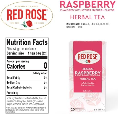 Red Rose Raspberry Herbal Tea Refreshing & Fruity Brewed Naturally Flavored Tea with 20 Individually Wrapped Tea Bags Per Box Caffeine Free Brew Hot