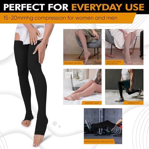 Doc Miller Thigh High Open Toe Compression Stockings 15-20mmHg for Varicose Veins, Pregnancy Support Open Toe Thigh High Compression Socks for Women and Men