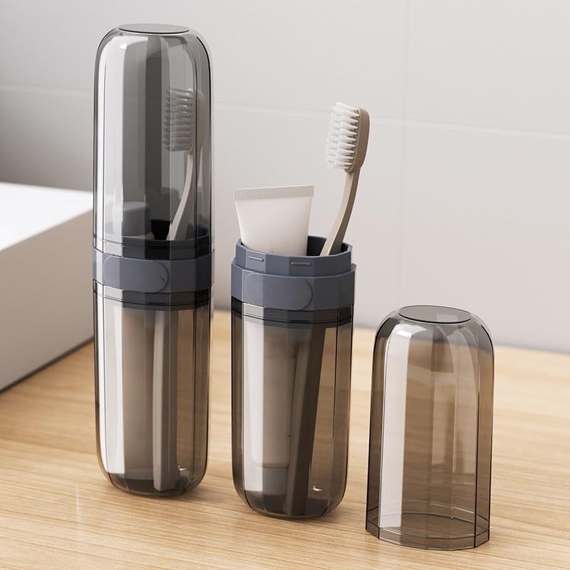 Travel Toothbrush Case, Portable Plastic Holder with Mouthwash Cup and Cover for Toothpaste Toothbrush Comb, Tooth Brush Storage Container for School Camping Business Trip Home Bathroom, Dark Grey