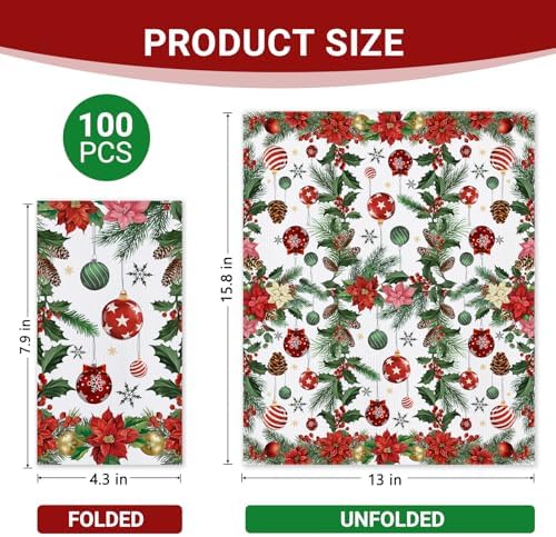 100 PCS Christmas Poinsettia Disposable Paper Napkins, Xmas Ball Pine Cone Bathroom Hand Towels Decorative Dinner Guest Napkin, Winter Holiday Kitchen Dinning Table Party Decor 8 x 4 Inches