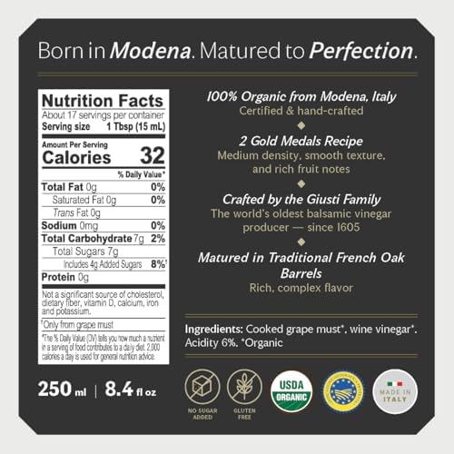 Giusti Organic Balsamic Vinegar of Modena IGP – 2 Gold Medals Gourmet Aceto Balsamico di Modena, Rich Flavor for Salads, Marinades, Cheese & Finishing, Made in Italy – 8.45 fl oz (250 ml) - Pack of 1