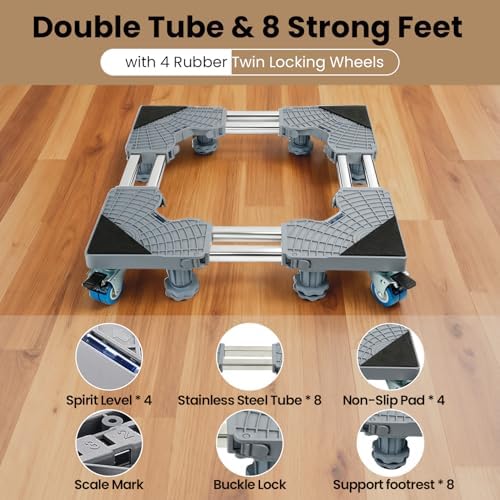 Mini Fridge Stand Mobile Base With 4 Locking Wheels And 8 Strong Feet 28-35.4 Inches, Heavy Duty Furniture Dolly for Washer, Mini Refrigerator and Dryer, Adjustable Mini Fridge Stand Washing Machine Stand Pedestal (28-35.4 Inches)