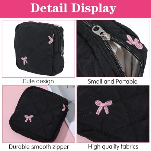 Portable Period Bags for Girls, Cute Bow Period Pouch for Pads Sanitary Napkins Small Tampons, Sanitary Napkin Storage Bag First Gifts for Girls (Black)