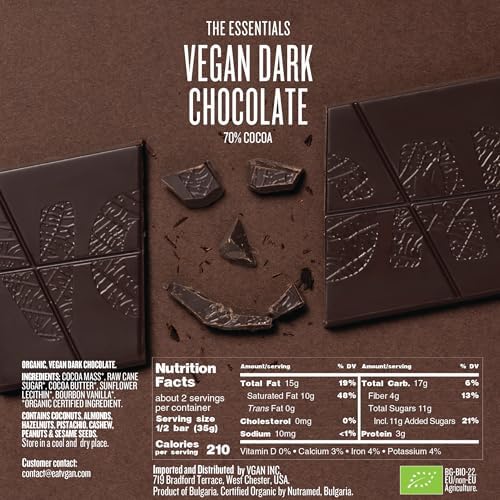 VGAN Vegan Chocolate Bars, Gluten Free Snacks, Plant Based, Soy and Dairy Free, Organic Ingredients, Cruelty Free, Kosher, and Non GMO, Dark Chocolate, 3 Pack