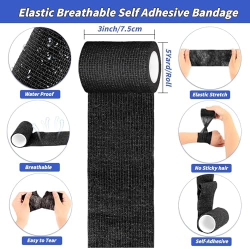 60 Pack Black Self Adhesive Bandage Wrap Bulk 3 Inch x 5 Yards Cohesive Bandage,Vet Wrap Breathable Elastic Self-Adherent Tape for Stretch Athletic Sports Wrist Ankle Dogs Pet Vet Wrap
