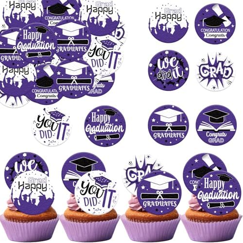 36PCS Edible Graduation Cap Cupcake Toppers Wafer Paper Grad Cap Diploma Cake Decorations Edible Grad Cap Cupcake Picks for 2026 Grad Theme Party Cake Decor Supplies (Purple)