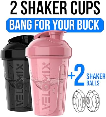 VELOMIX -2 Pack- 20 oz Protein Shaker Bottles for Protein Mixes - 2x Wire Whisk | Leak Proof Shaker Cups for Protein Shakes and Pre Workout | Protein Shaker Bottle Pack (A7) Pink/Black
