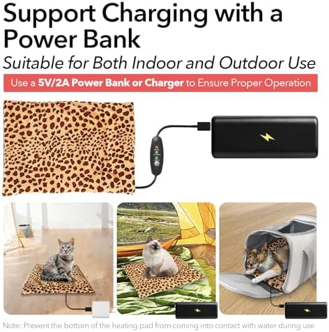 USB Heating Pad for Cat, Small Dog, 5V Safe Heated Pet Mat with 3-Temp, Hand Washable Warming Pad for Indoor Outdoor Use, Powered by Battery Operated Power Bank Car Charger (Black)