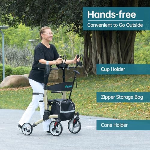 ELENKER Upright Walker, Stand Up Folding Rollator Walker with 10” Front Wheels Backrest Seat and Padded Armrests(Champagne)