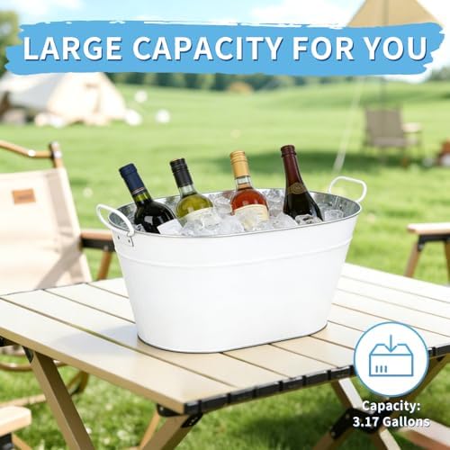 1 Pack Galvanized Beverage Tub, 3 Gallon Ice Buckets Metal Drink Buckets with Handles for Champagne Cocktails Wine Beer for Catering MimosaBars Parties, White (1)