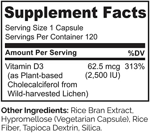 NATURELO Vitamin D - 2500 IU - Plant Based from Lichen - Natural D3 Supplement for Immune System, Bone Support, Joint Health - Vegan - Non-GMO - Gluten Free - 120 Capsules