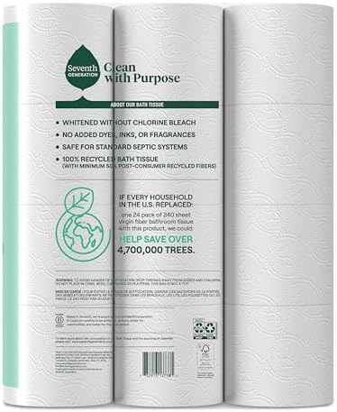 Seventh Generation Toilet Paper White Bathroom Tissue 2-ply 100% Recycled Paper without Chlorine Bleach 24 count, Pack of 2