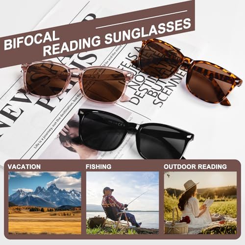 OPTOFENDY Bifocal Sunglasses for Women Men, Square Outdoor Reading Sunglasses with Spring Hinge, UV400 Protection Sun Readers
