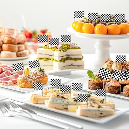 100 Pack Checkered Racing Flag Toothpicks - Checkered Flag Decorations for Cupcakes, Party Platters, Sports Themed Events