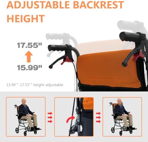19lbs Transport Wheelchair Lightweight Foldable Adjustable Height, Narrow Small Wheelchair for Tight Spaces, Travel Transport Chair for Adults Seniors with Foldable Footrest and Armrests