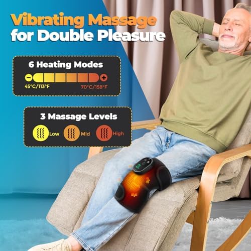 Cordless Heated Knee Massager with Vibration, FSA Eligible HSA, Heated Knee Brace Wrap Heating Shoulder Brace Support Wrap for Knee Elbow, Heating Pad with 6 Heating Levels, 3 Massage Modes&Timer