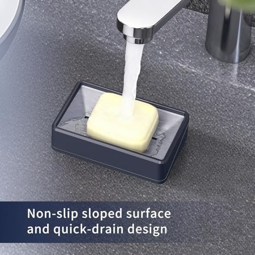 Soap Dish Tray with Drain, Stainless Steel Soap Bar Holder for Bathroom Shower Kitchen Sink, Double Layer Draining Soap Container Box with Suction Cups