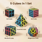 Speed Cube Set, Speed Cube Bundle of 2x2 4x4 Megaminx Pyramid Cube and Windmill Cube Smoothly Carbon Fiber Sticker Magic Cubes Collection for Kids & Adults [5 Pack]