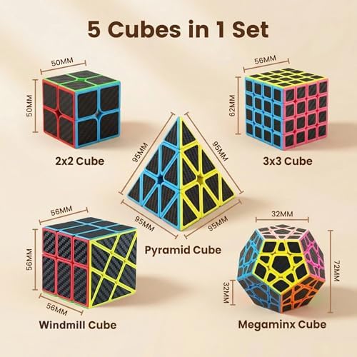 Speed Cube Set, Speed Cube Bundle of 2x2 4x4 Megaminx Pyramid Cube and Windmill Cube Smoothly Carbon Fiber Sticker Magic Cubes Collection for Kids & Adults [5 Pack]