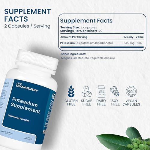 Life Enhancement High Potency 1020 mg Potassium Supplement for Muscle, Brain & Bone Health - No Additives High Absorption Elemental Potassium Supplement, Made in USA (240 Capsules – 120 Servings)